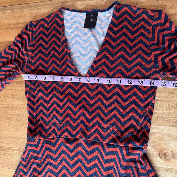 Agnes and Dora Chevron Print Midi Dress Size Extra Small Blue Red Pockets - Picture 12 of 14
